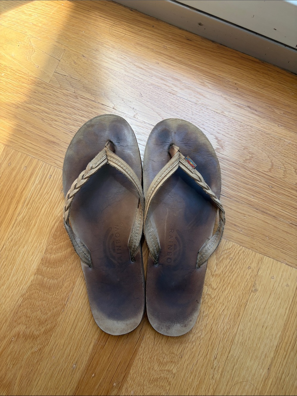 Rainbow Tan Braided Leather Flip Flops